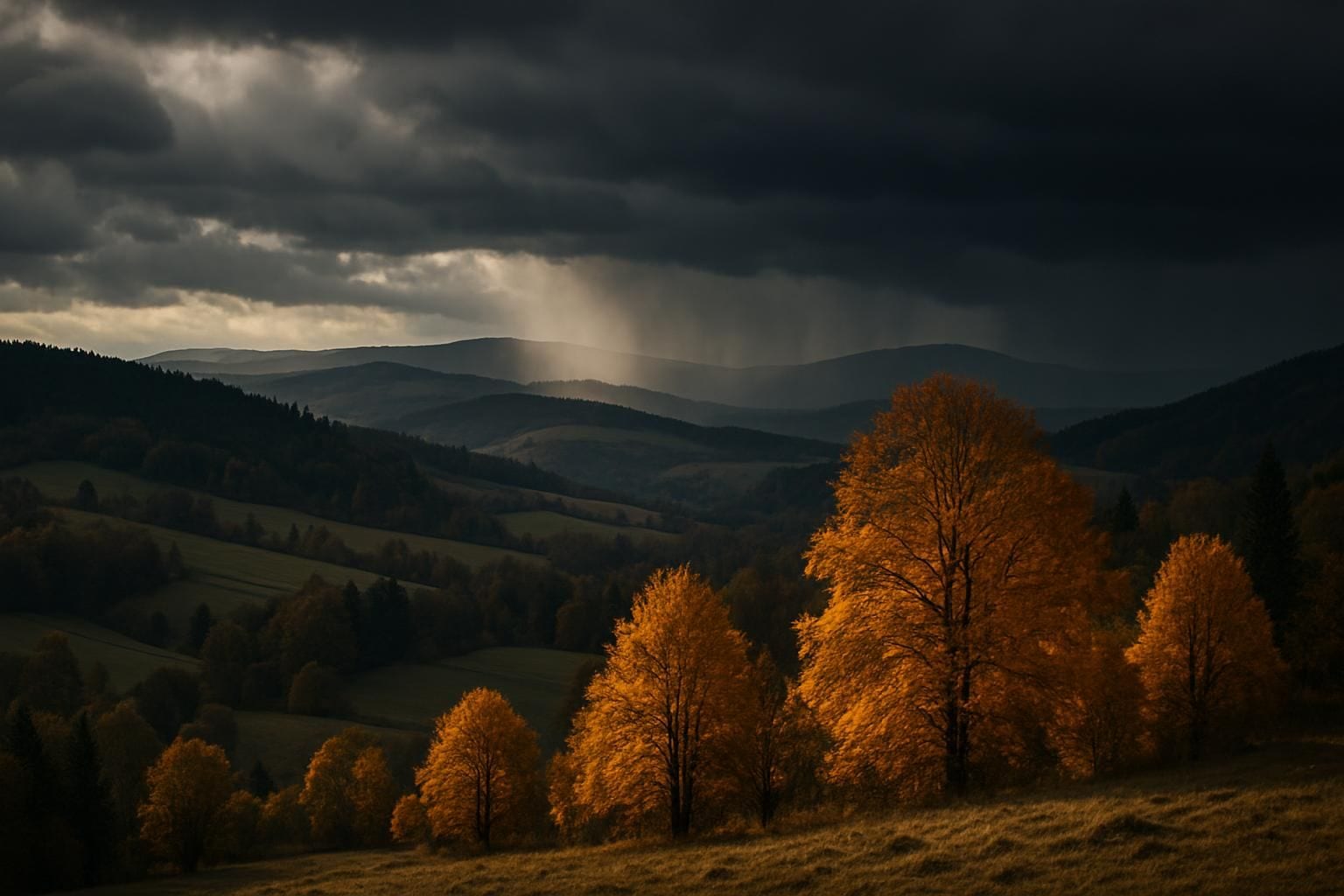 Herfstlandschap in Tsjechië waar zonnige nazomer plaatsmaakt voor regenwolken